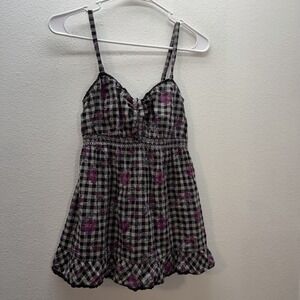 Y2K Decree Tank Top Sz L Babydoll Lace Trim Grunge Floral Plaid Whimsigoth Fairy